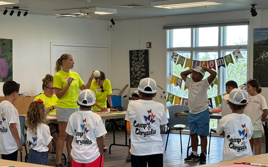 Female camp counselor giving activity instruction to group of young campers