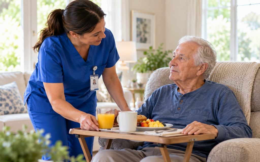 A female caregiver serving breakfast to an older senior