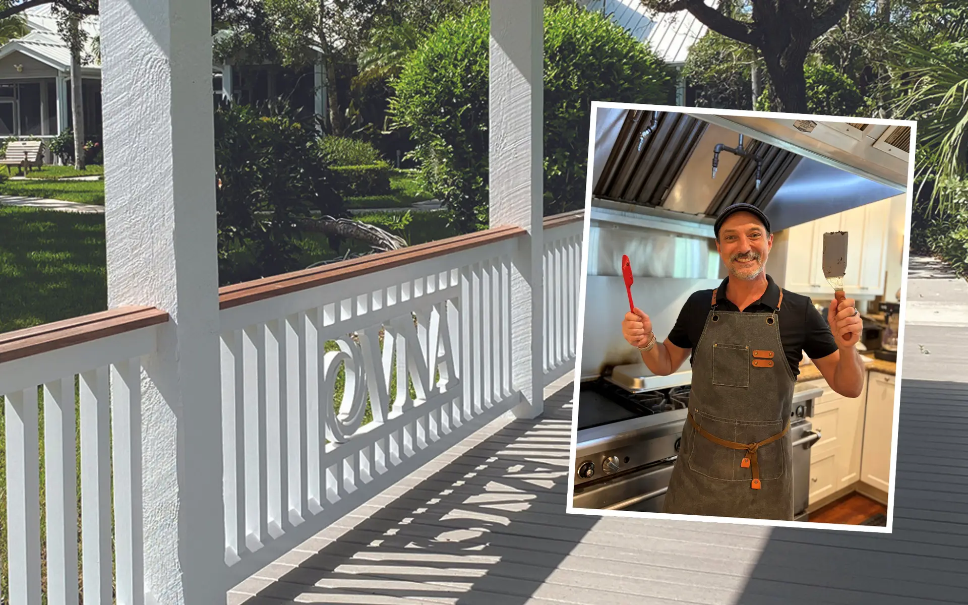 Image of Hospice House Chef Jason Venazio with backdrop of Hospice House grounds