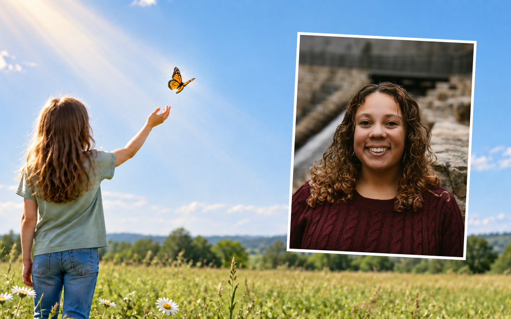 Background of a young girl with her hand out releasing a butterfly into the sun beams and image overlay of bereavement counselor Narvis
