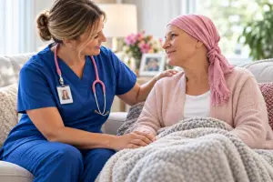 image of a nurse in scrubs with a pink stethescope comforting a patient with a pink head wrap at her home.